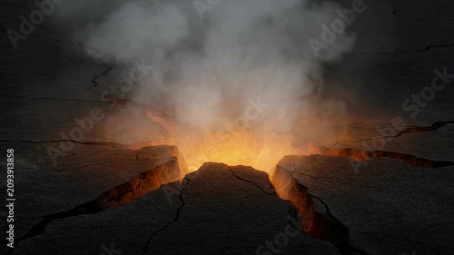 Lava Glowing in Cracked Earth Fissures with Rising Smoke
