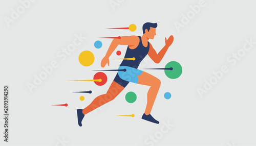 Strong athletic man running at high speed represented by colorful abstract motion circles and fast lines.