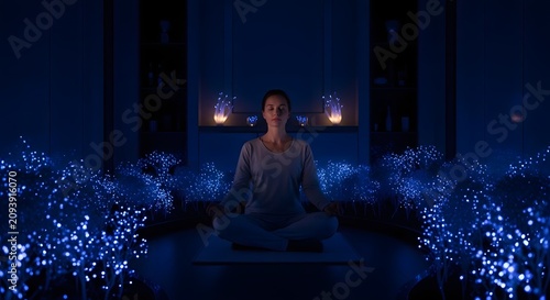 Peaceful Meditation in Glowing Blue Flower Garden for Mindfulness and Inner Balance