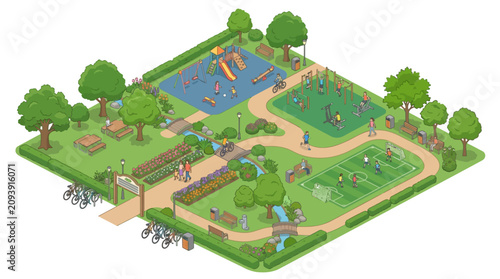 Lush community park with children's playground sports area and scenic walking paths for outdoor recreation and social gatherings