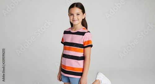 Happy Young Girl Wearing Colorful Striped T Shirt on White Background