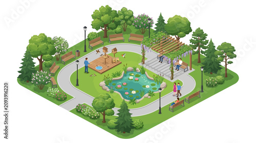 Idyllic park scene with lush greenery, peaceful pond, walking paths, benches, playground, and social gathering spots for
