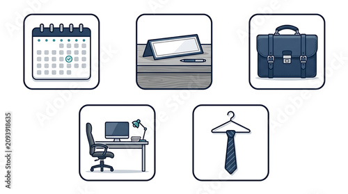 Professional office icons set featuring business essentials like a calendar briefcase desk workspace and necktie for corporate planning with modern computer workspace chair