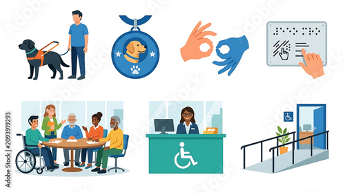 Comprehensive set of inclusive accessibility icons featuring diverse people and assistive tools for universal design with office scenes diverse professionals inclusive setting