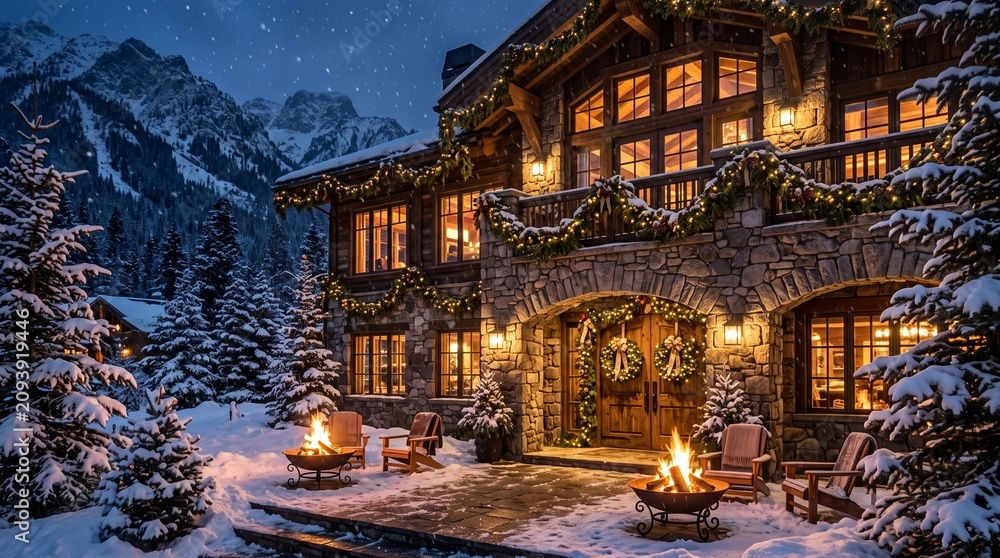 Obraz premium A luxury mountain restaurant glows warmly on a snowy winter evening, surrounded by evergreen trees and elegant Christmas decorations.
