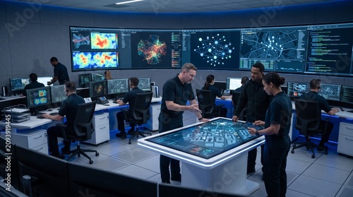 Emergency response professionals coordinate disaster management using artificial intelligence, predictive analytics and intelligent monitoring systems inside a modern command center.