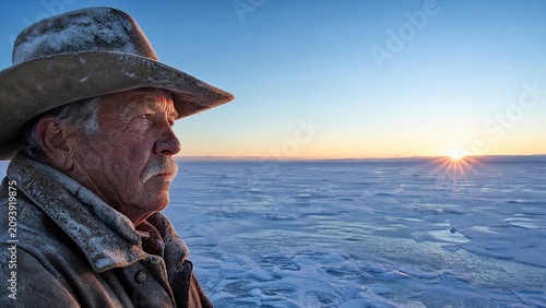 Portrait of a Rugged Elderly Man with a Frosty Hat at Sunrise Over a Frozen Landscape