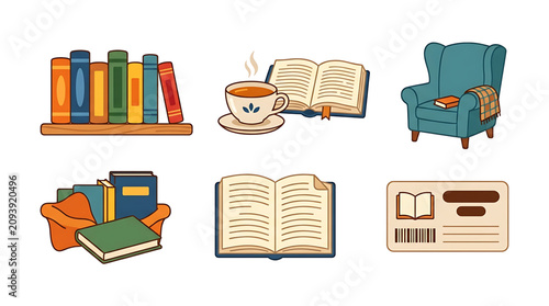 Cozy reading collection featuring bookshelves armchair and tea illustrations for literary enthusiasts and academic design projects in flat vector style