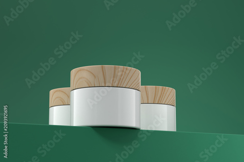 Cosmetic Cream jar bottle with wood cap stand against a forest green podium background 3d rendering