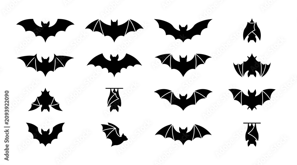 Fototapeta premium A collection of various black silhouette bat icons, showing them in flight and hanging upside down.