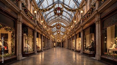 A grand covered shopping arcade glows with elegant Christmas decorations, warm lighting and timeless architecture, creating a luxurious holiday shopping environment.