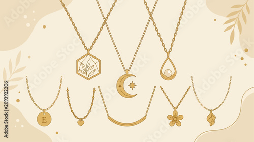 Foto Necklaces featuring gold chains and geometric pendants hang against a light beige background with botanical illustrations