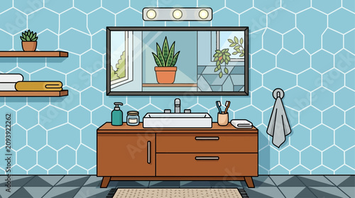 Canvastavla Bathroom interior displays a modern vanity cabinet with a mirror and blue hexagonal wall tiles