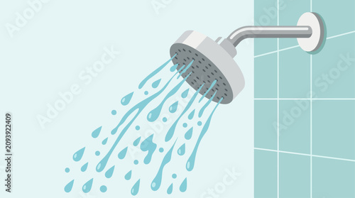 Foto Shower head mounted on a tiled wall releases a stream of water droplets into a clean bathroom space