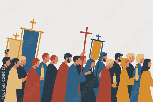 Bild auf Leinwand Religious procession with people carrying crosses, banners, and candles