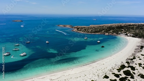 Bild auf Leinwand Drone view of famous islet of Espalmador and S’Alga beach after Ses Illetes beach in the island of Formentera, Spain