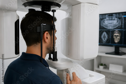 Patient Undergoing CBCT Dental Scan with 3D Cone Beam CT Imaging for Implant and Oral Surgery Planning