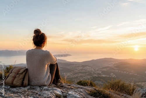 Young woman sitting on mountain cliff sunset copy space