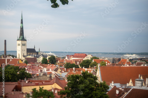 Panoramic view of Tallinn old town with St Olaf church, Estonia