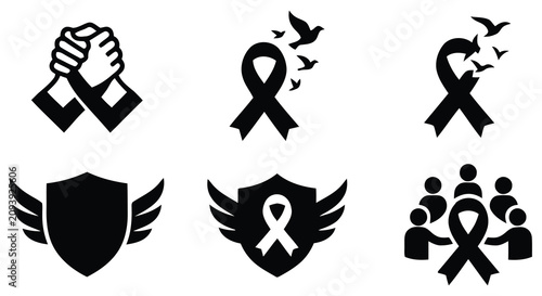 Cuadro en lienzo Solid Black Ribbon Symbols With Raised Fist And Shield Designs On White Backgrou