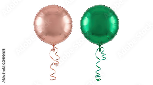 Shiny metallic foil balloons with curly ribbons.
