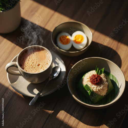 Traditional Nasi Lemak Breakfast with Hot Tea and Eggs on Wooden Table, Authentic Southeast Asian Morning Meal, Flexible Layout
