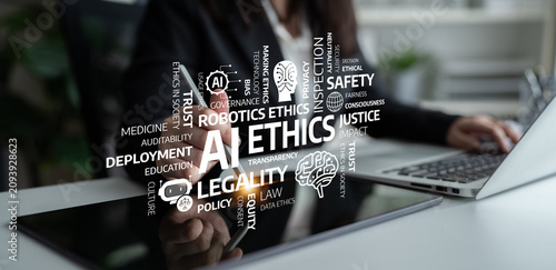 Obraz na plátně A focused professional examines AI ethics in a digital workspace, highlighting important themes of trust, governance, and social implications in contemporary technology