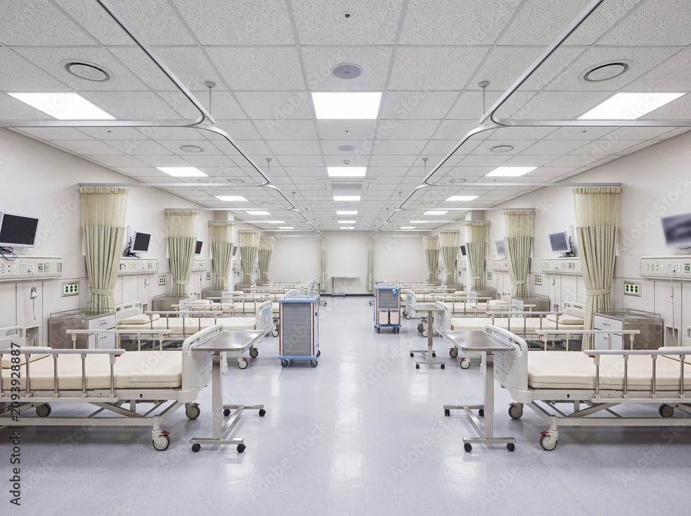Fototapeta premium Clean multi bed hospital ward with clinical beds and monitoring equipment - clean clinical interior