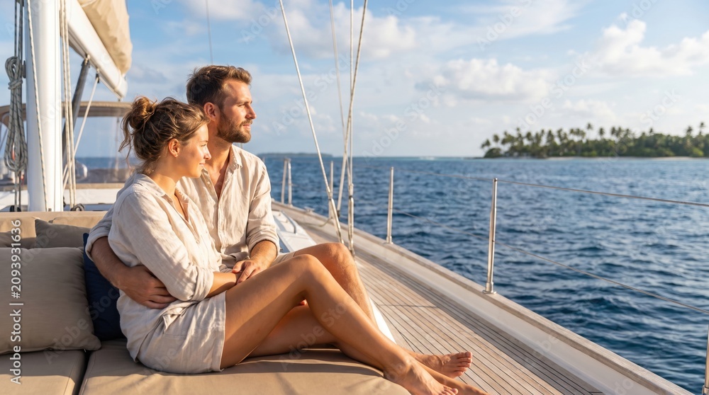 Fototapeta premium A couple sits on a boat lounging on cushions while enjoying the warm sun. They look out at the water and distant tropical islands on a clear day