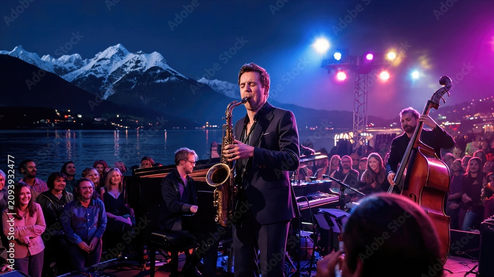 Fototapeta premium Musician man playing saxophone at evening jazz festival on lake shore with mountains in background. Live concert performance with band and audience. Entertainment and music event concept.