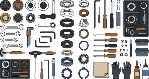 Quadro su tela Mechanical repair and maintenance tool set vector icon collection with wrenches