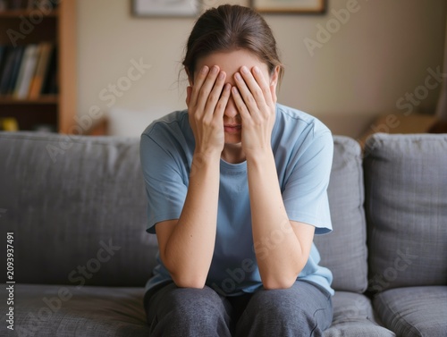 A young woman sits on a sofa with her face covered by her hands, expressing deep sadness and stress.
