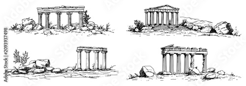 Fotografie Ancient greek temple ruins with stone columns and pillars in hand drawn sketch s