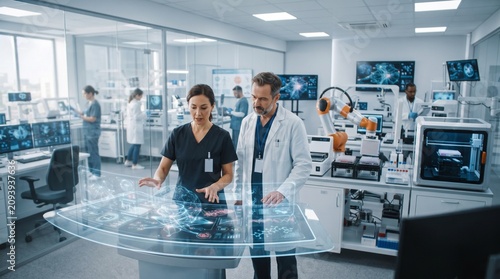 A modern healthcare innovation center uses artificial intelligence, robotics and advanced technology to develop personalized medical solutions.