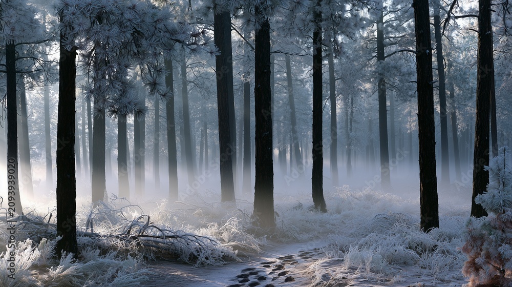 Fototapeta premium Sun rays through frosted pine forest with animal footprints