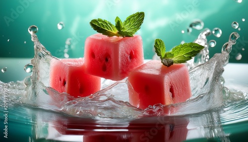 Refreshing Watermelon Ice Cubes And Mint Leaves In Rippling Water