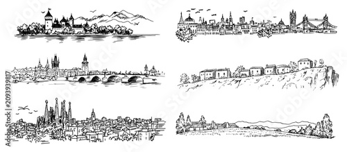 Photography Historic city skylines and European landmark panoramas set in hand drawn sketch