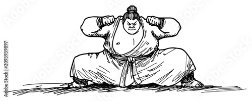 Schilderij op canvas Sumo wrestler in traditional low squat stance ready to fight hand drawn sketch s