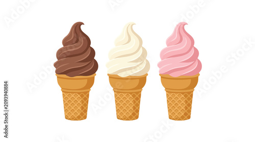 Konstfotografi Delicious colorful ice cream cones with swirled scoops in chocolate vanilla and