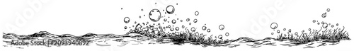 Fotografía Ocean waves with seagrass and floating air bubbles in hand drawn engraving style