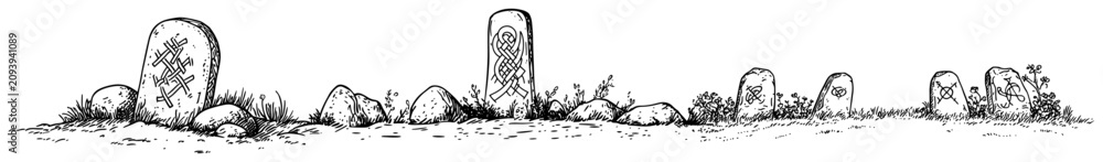 Obraz premium Ancient runestones and Celtic tombstones on grassy field hand drawn sketch style