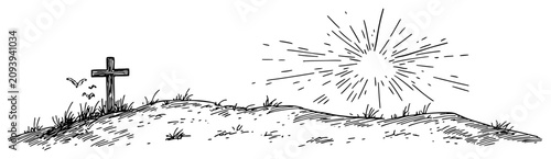 Canvas Print Christian cross on a grassy hill with sunrise rays in hand drawn sketch style
