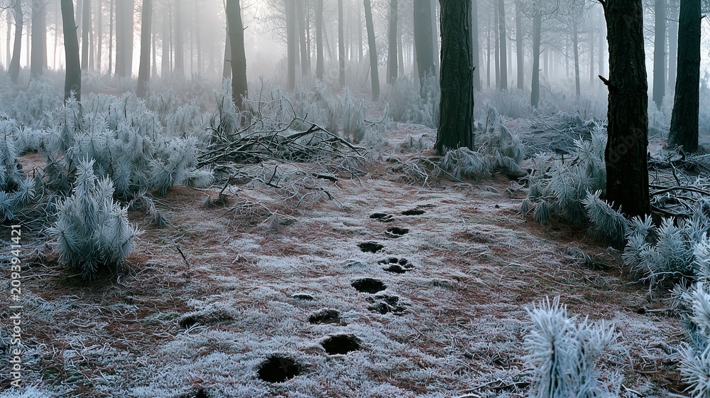 Fototapeta premium Sharp paw prints crossing a frosted forest floor at first light