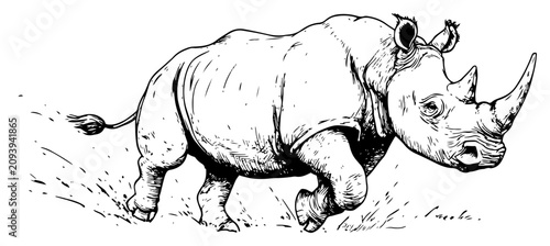 Canvas Print Rhinoceros running and charging forward in hand drawn sketch style