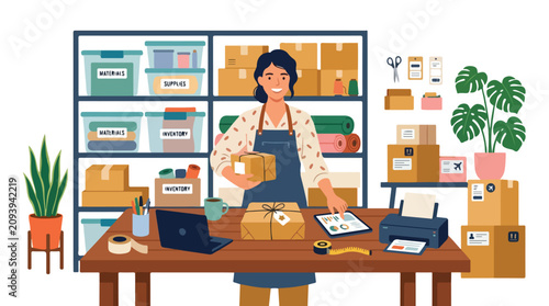 A female small business owner manages her inventory and packs orders in a tidy workspace filled with supplies, boxes, and electronic devices.