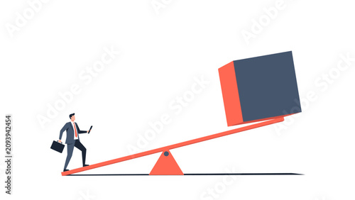 Businessman struggling with imbalance, seesaw concept