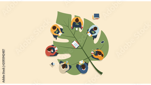 People sitting on giant leaf discussing ideas and teamwork