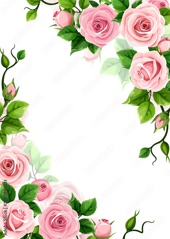 Fototapeta premium Floral frame with pink rose flowers and green leaves. Vector greeting or invitation card design
