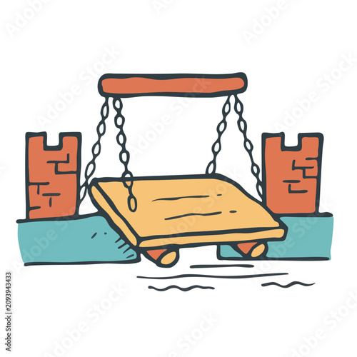 Cartoon drawing of a medieval drawbridge with castle towers.