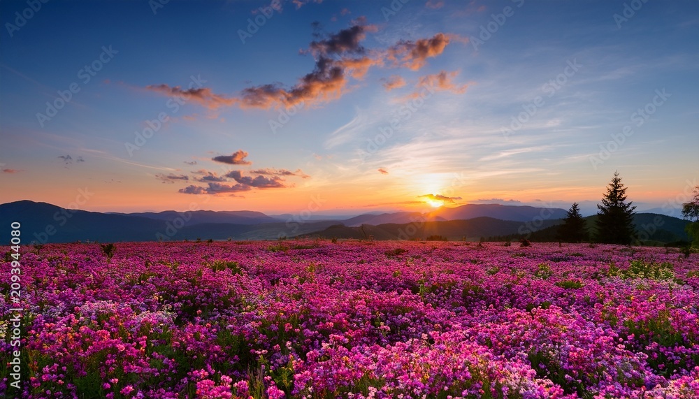Obraz premium Sunset Over A Field Of Pink Flowers At Dusk